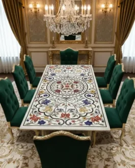 White Marble Dining Table with Lapis Semi-Precious Floral Inlay | Handmade Fine Design Furniture