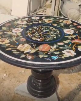 Luxury Black Marble Round Table with Semi-Precious Pietra Dura Floral Inlay | Handmade Home Décor