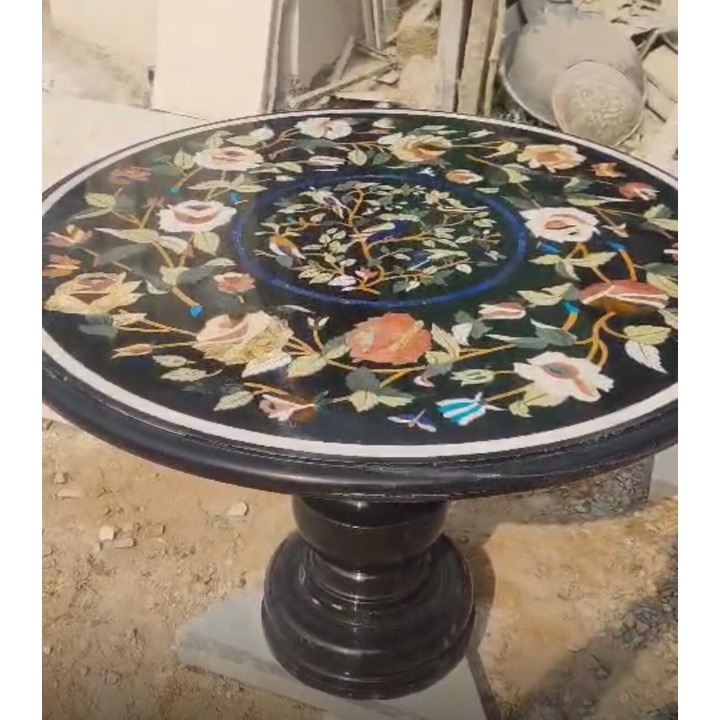 Luxury Black Marble Round Table with Semi-Precious Pietra Dura Floral Inlay | Handmade Home Décor - Image 2