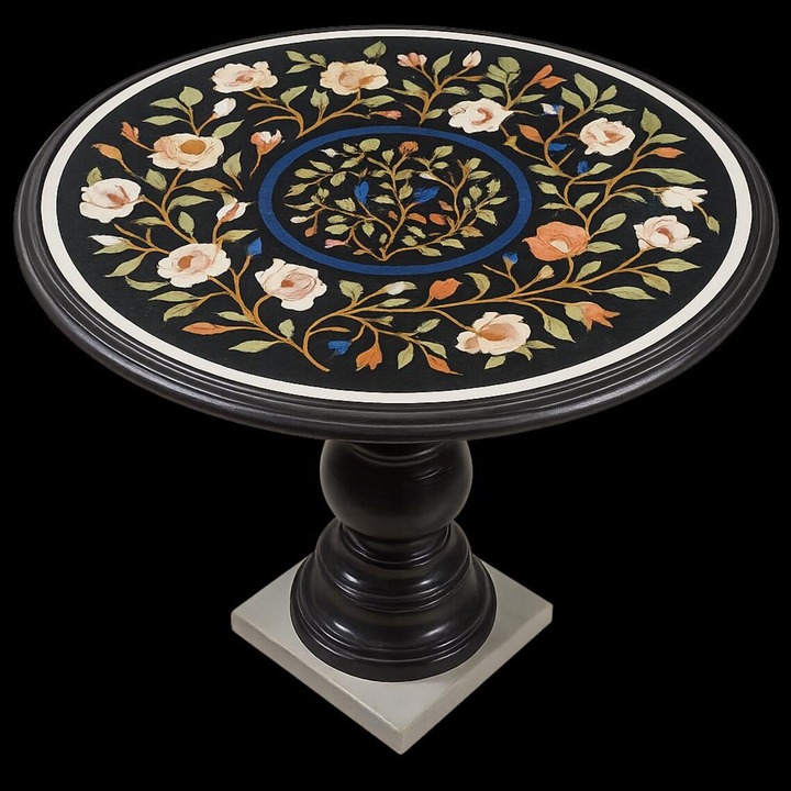 Luxury Black Marble Round Table with Semi-Precious Pietra Dura Floral Inlay | Handmade Home Décor - Image 3