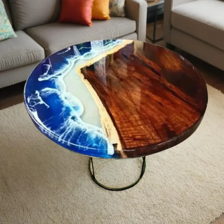 Handmade Round Epoxy Ocean Table – Live Edge Wood with Blue Resin