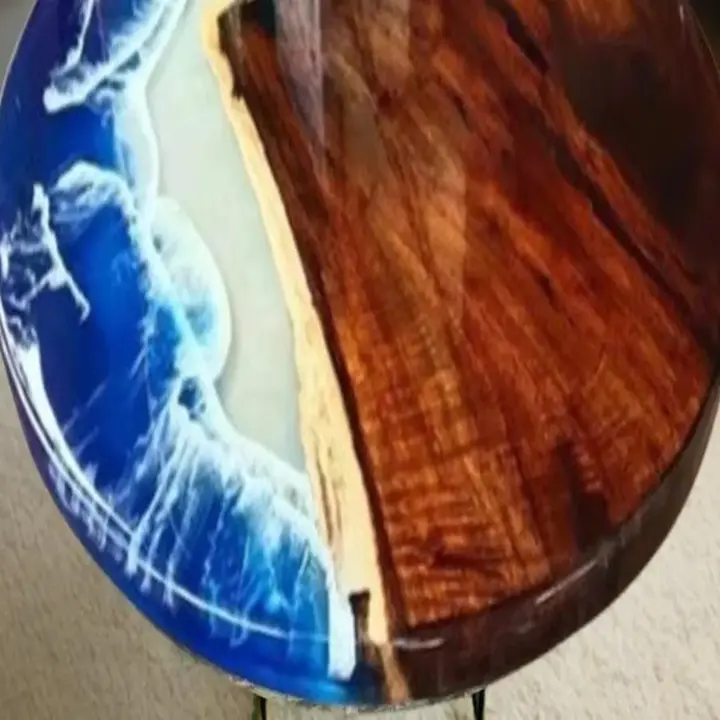 Handmade Round Epoxy Ocean Table – Live Edge Wood with Blue Resin - Image 2