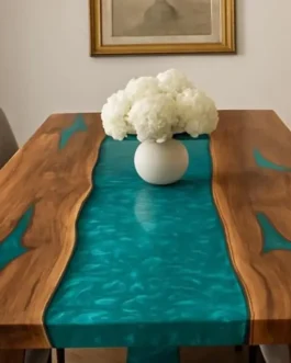 Luxury Epoxy River Dining Table – Solid Walnut Wood with Blue Resin Inlay