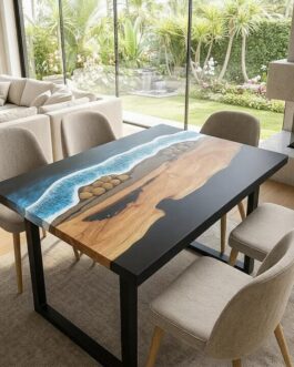 Handmade Ocean Blue Epoxy River Dining Table | Live Edge Solid Wood