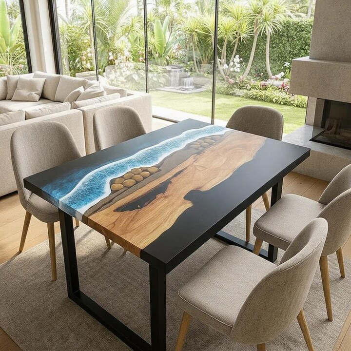 Handmade Ocean Blue Epoxy River Dining Table | Live Edge Solid Wood