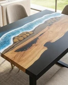 Handmade Ocean Blue Epoxy River Dining Table | Live Edge Solid Wood