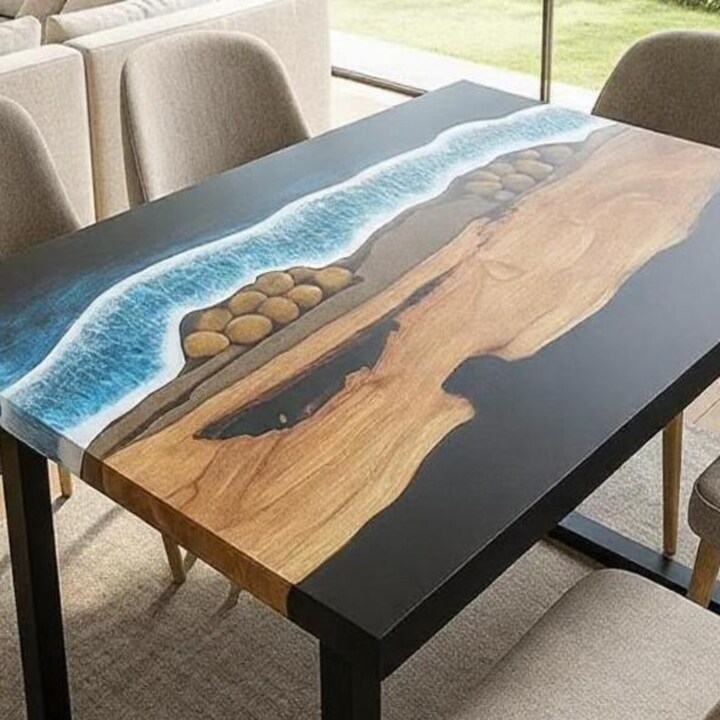 Handmade Ocean Blue Epoxy River Dining Table | Live Edge Solid Wood - Image 2