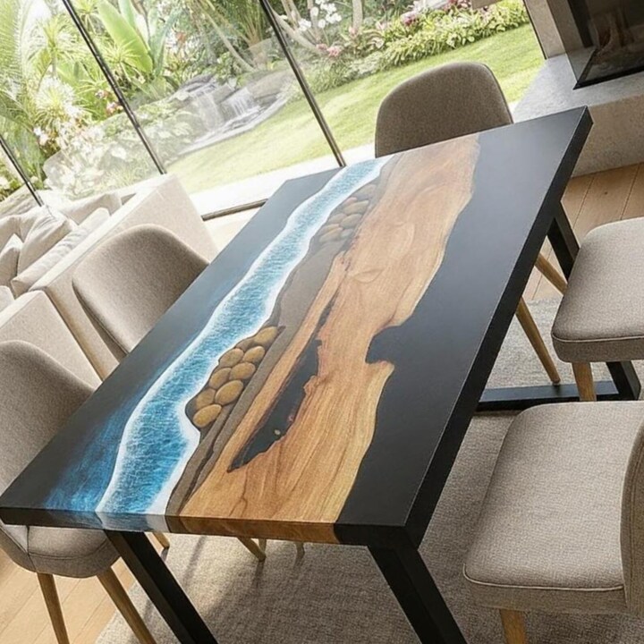 Handmade Ocean Blue Epoxy River Dining Table | Live Edge Solid Wood - Image 3