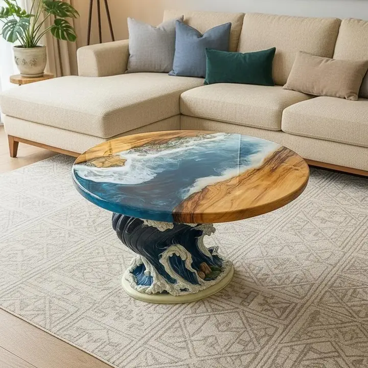 Handcrafted Blue Epoxy Resin Coffee Table – Live Edge Ocean Design Wood Table for USA Homes & Patios - Image 3