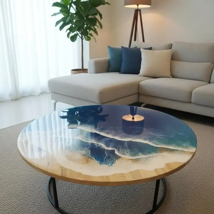 Modern Farmhouse Blue Epoxy Resin Coffee Table | Handmade Wood River Design - Image 3