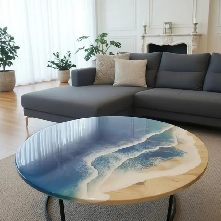 Modern Farmhouse Blue Epoxy Resin Coffee Table | Handmade Wood River Design - Image 2