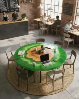 Round Green Epoxy Resin Center Table | Handmade Live Edge Wood Living Room Furniture