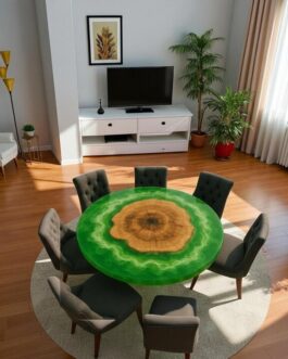 Round Green Epoxy Resin Center Table | Handmade Live Edge Wood Living Room Furniture