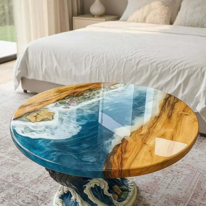 Handcrafted blue epoxy resin coffee table with live edge wood ocean design for modern living room and patio décor