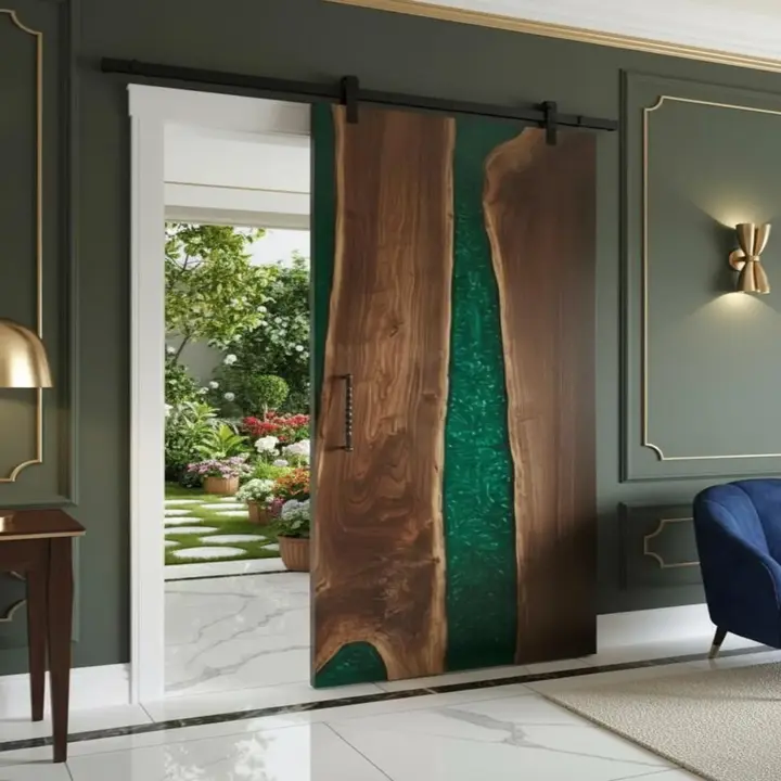 Luxury green epoxy resin barn door with ocean wave art design, handmade solid wood sliding door for modern farmhouse interiors USA.