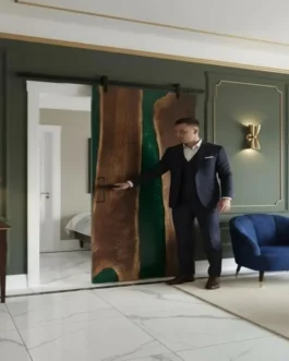 Luxury Green Epoxy Resin Barn Door | Handmade Wood Sliding Door with Ocean Wave Art Design