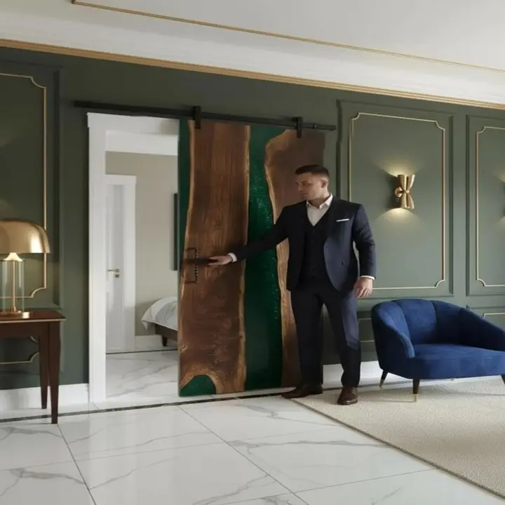 Luxury Green Epoxy Resin Barn Door – Handmade Solid Wood Sliding Door with Ocean Wave Artistic Design - Image 2