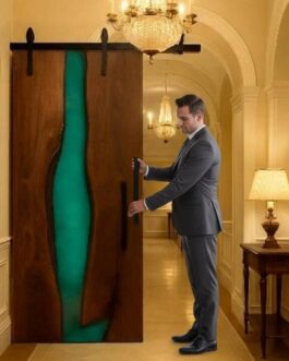 Ocean Blue Resin Barn Door | Handmade Epoxy Wood Sliding Door with Coastal Wave Art Design