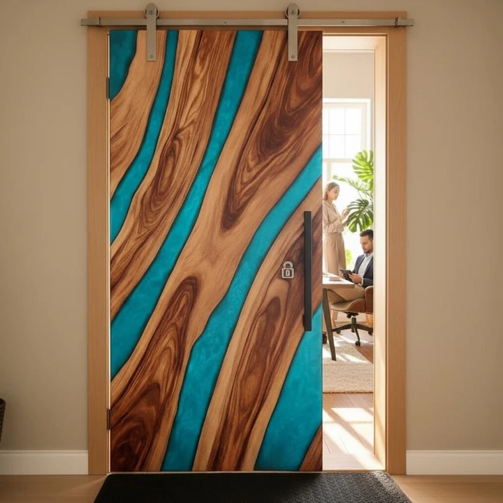 Luxury Blue Epoxy Resin Barn Door – Handmade Solid Wood Sliding Door with Ocean Wave Art Design - Image 2