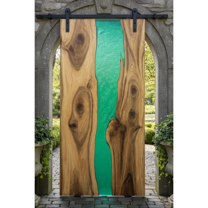 Artistic Green Epoxy Resin Barn Door | River Design Wooden Sliding Door - Image 3