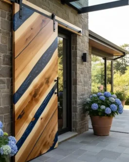 Modern Coastal Blue Epoxy Barn Door | Handmade Rustic Wood Sliding Door