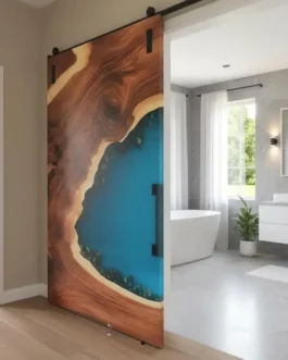 Handmade Ocean Blue Epoxy Resin Door | Rustic Wood Sliding Barn Door for Coastal Home Interiors
