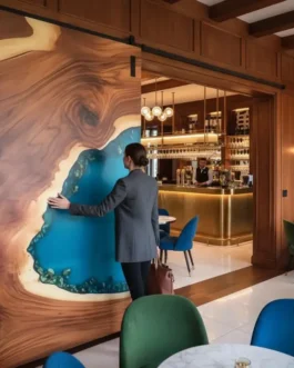 Handmade Ocean Blue Epoxy Resin Door | Rustic Wood Sliding Barn Door for Coastal Home Interiors