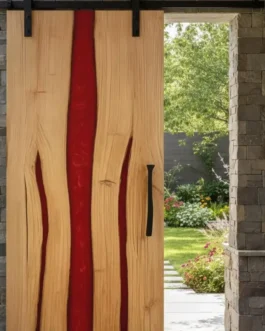 Custom Red Epoxy Resin Barn Door | Handmade Wood Sliding Door with Artistic Modern Design