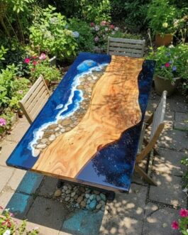 Luxury Ocean Blue Epoxy River Table | Live Edge Wood Design