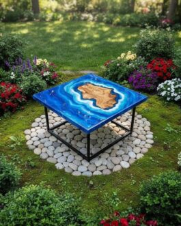 Premium Ocean Blue Epoxy Resin Square Coffee Table | Designer Contemporary Furniture