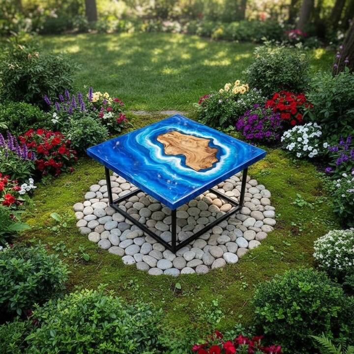 Premium Ocean Blue Epoxy Resin Square Coffee Table | Designer Contemporary Furniture
