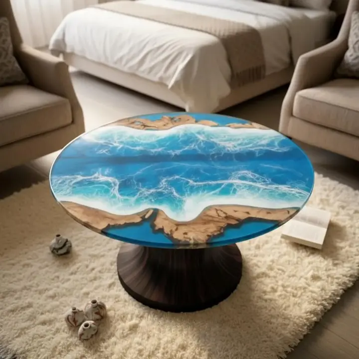Ocean Blue Epoxy Resin River Coffee Table | Handmade Wood Table for Living Room - Image 2