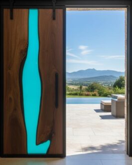 Ocean Blue Resin Barn Door | Handmade Epoxy Wood Sliding Door with Coastal Wave Art Design