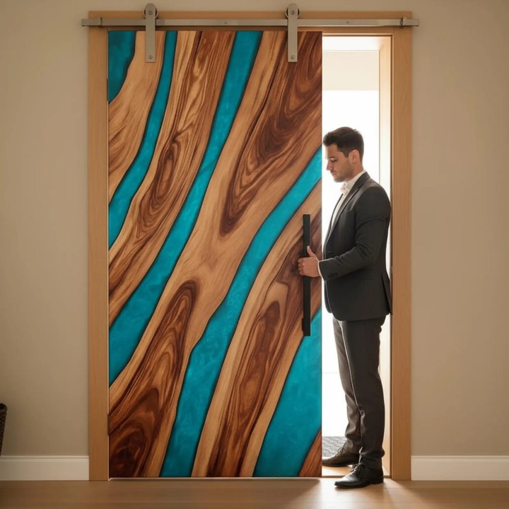 Luxury blue epoxy resin barn door with ocean wave art, handmade solid wood sliding door for modern farmhouse and coastal interiors USA.