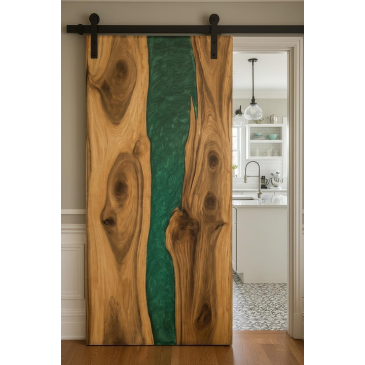 Artistic Green Epoxy Resin Barn Door | River Design Wooden Sliding Door