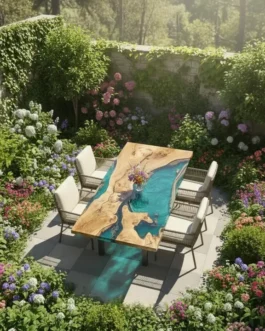 Green Epoxy River Dining Table | Live Edge Solid Wood, Custom Resin Art