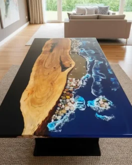 Handmade Ocean Blue Epoxy River Dining Table | Live Edge Solid Wood