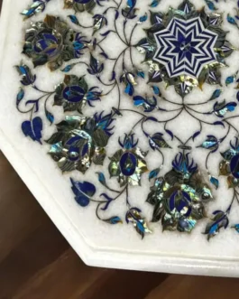 White Marble End Table with Paua Shell Inlay | Fine Floral Handmade Furniture