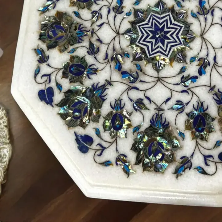 White Marble End Table with Paua Shell Inlay | Fine Floral Handmade Furniture - Image 2