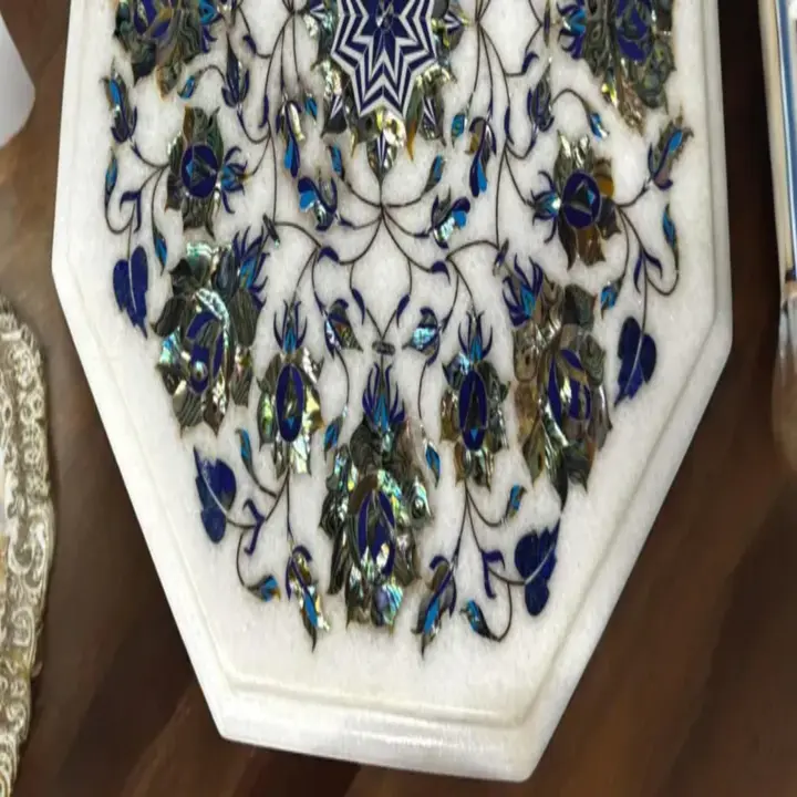 White Marble End Table with Paua Shell Inlay | Fine Floral Handmade Furniture - Image 3