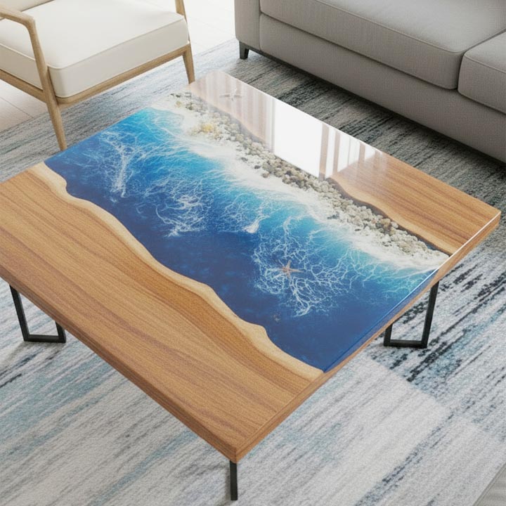 Square Ocean Blue Epoxy Table | Handcrafted Resin Art Coffee Table - Image 2