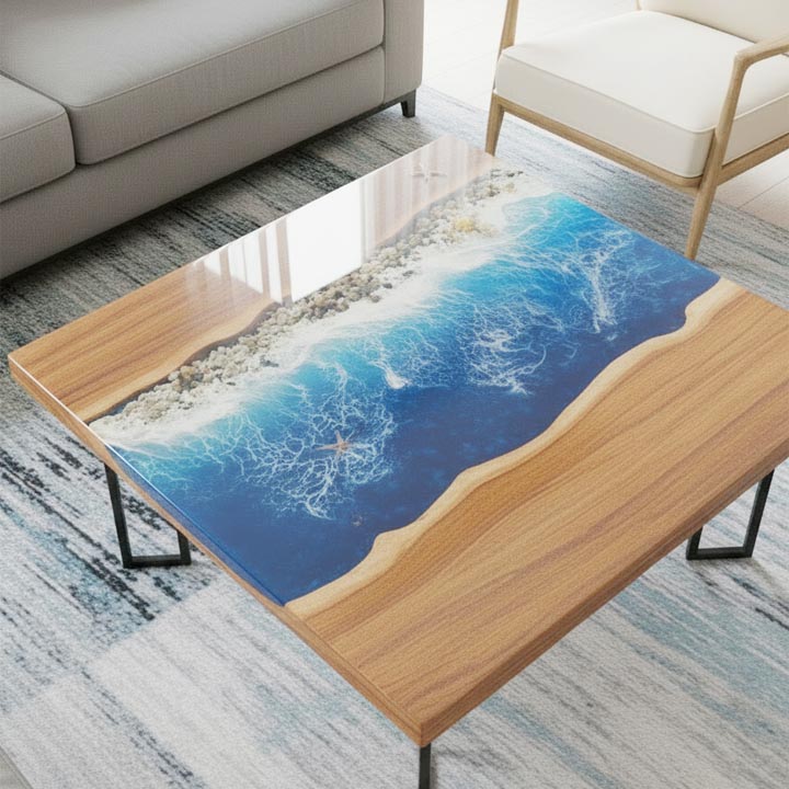Square Ocean Blue Epoxy Table | Handcrafted Resin Art Coffee Table - Image 3