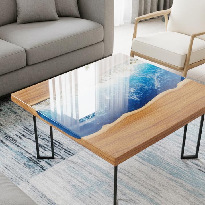 Square Ocean Blue Epoxy Table | Handcrafted Resin Art Coffee Table