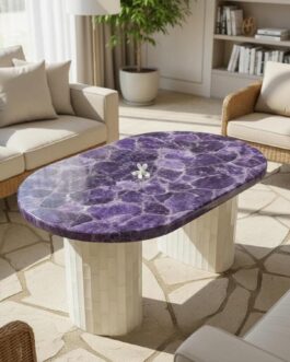 Handcrafted Amethyst Oval Coffee Table | Natural Gemstone Stone Arts