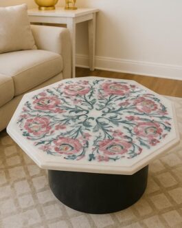 White Marble Coffee Table with Rose Quartz Inlay | Pietradura Floral Art Design
