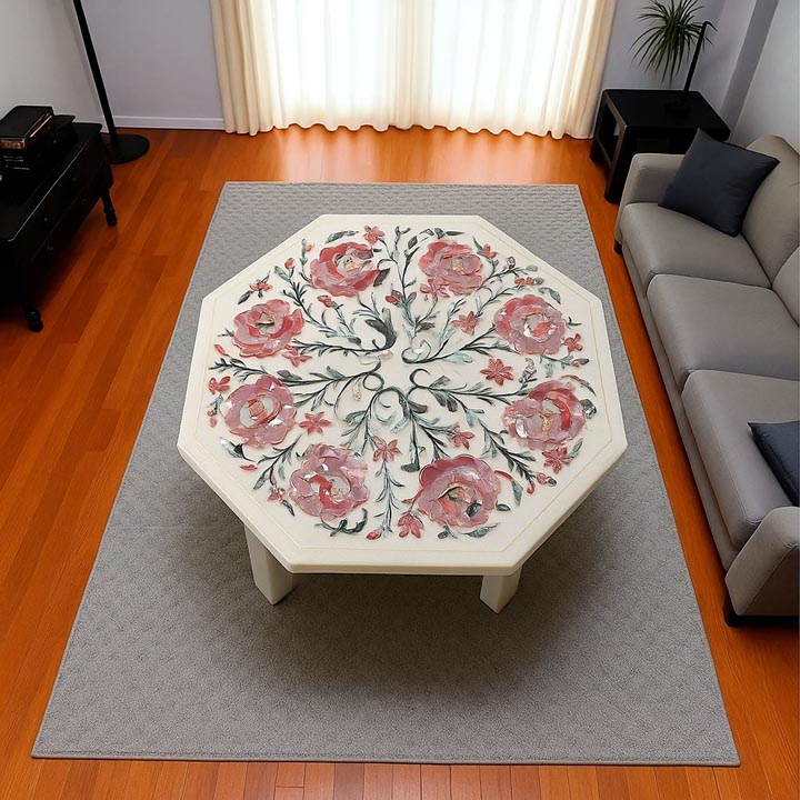 White Marble Coffee Table with Rose Quartz Inlay | Pietradura Floral Art Design - Image 3