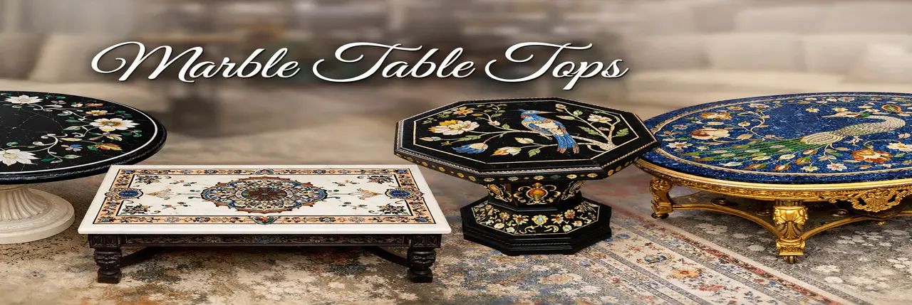 Handmade marble inlay dining table top with Pietra Dura art