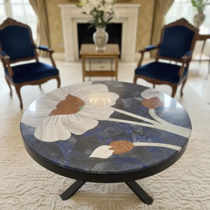 Luxury Lapis Lazuli stone table handmade from natural blue gemstone with designer base for premium home interiors in USA