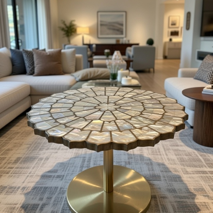 Mother of Pearl accent table USA handmade shell inlay design
