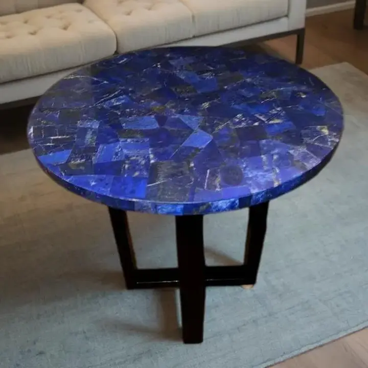 Handmade Lapis Lazuli coffee table with natural blue stone top and luxury designer base for modern living room interiors in USA